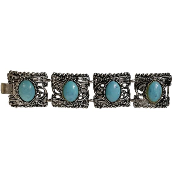 1980s Silvertone with Bezel Set Faux Turquiose Chunky Link Boho Hippie Bracelet - Picture 1 of 5
